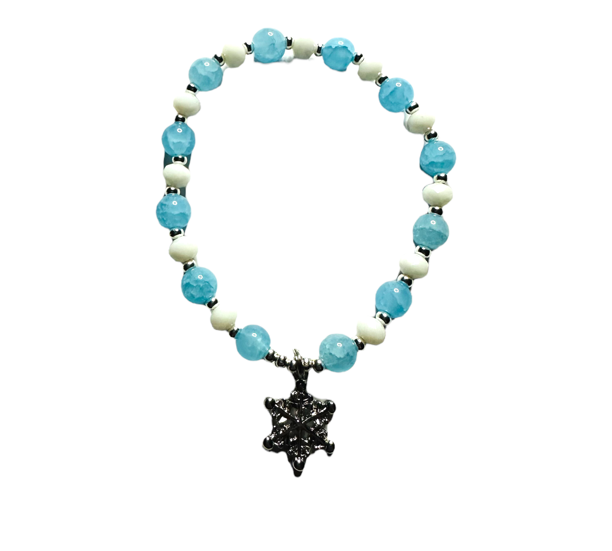 Snowflake Charm with Blue & White Glass Stretchy Bracelet