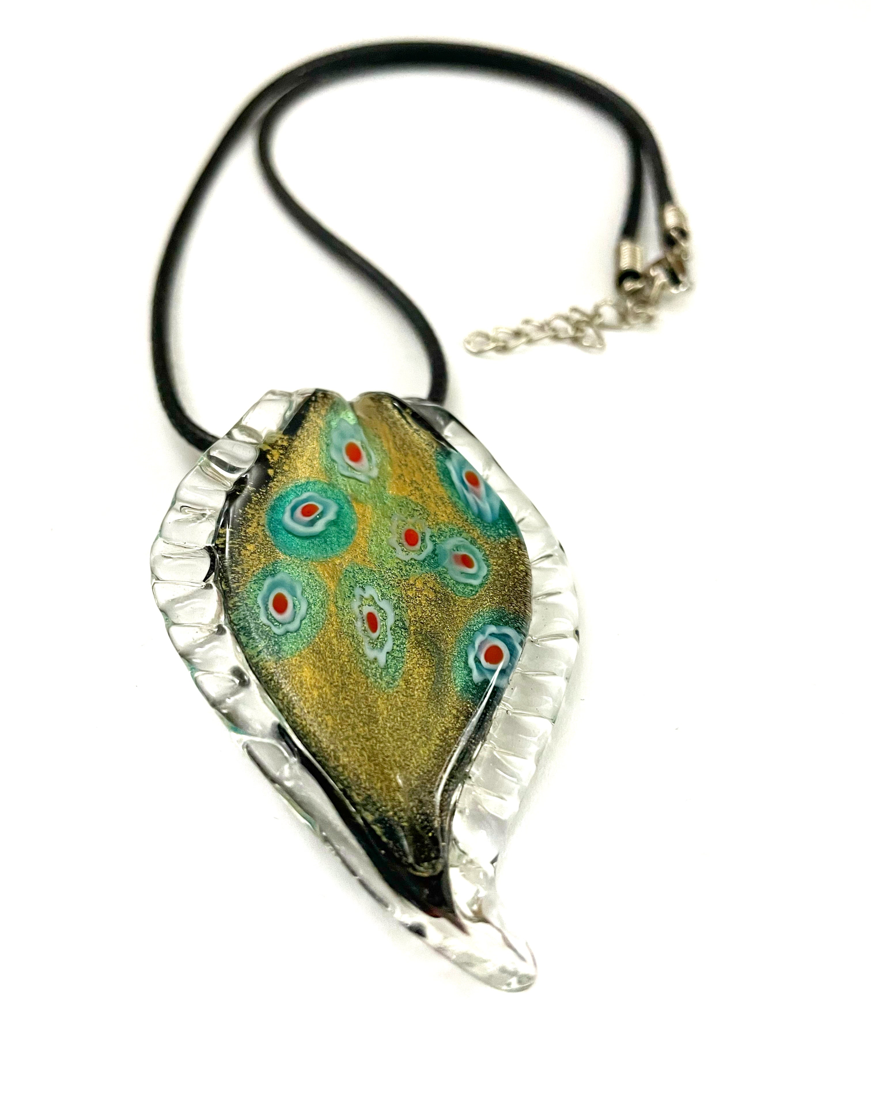 Gold with Blue, Red and White Swirl Glass Necklace