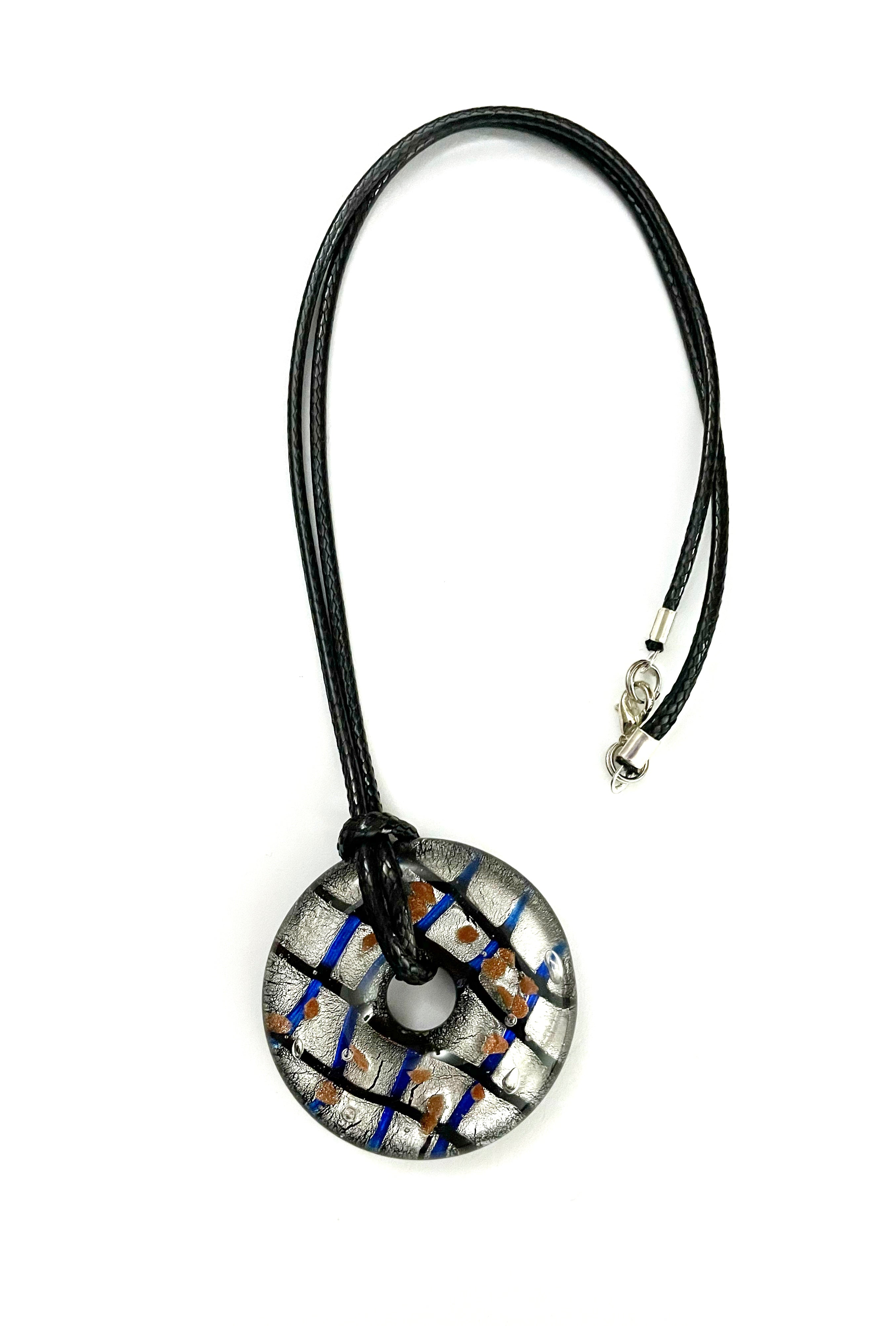 Silver Foil with Blue Strips and Gold Flecks Glass Necklace
