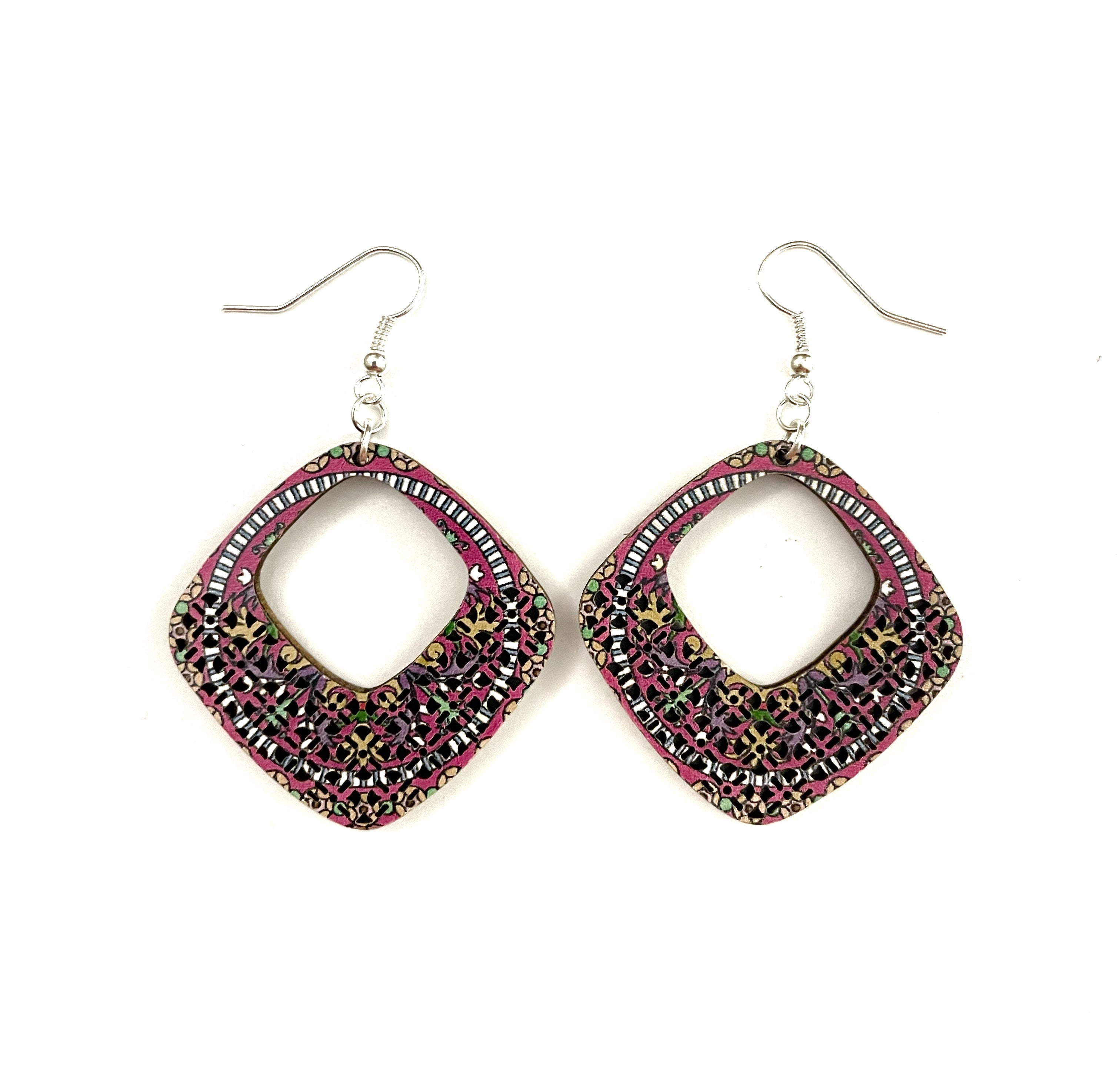 Diamond Wood Carved Earrings