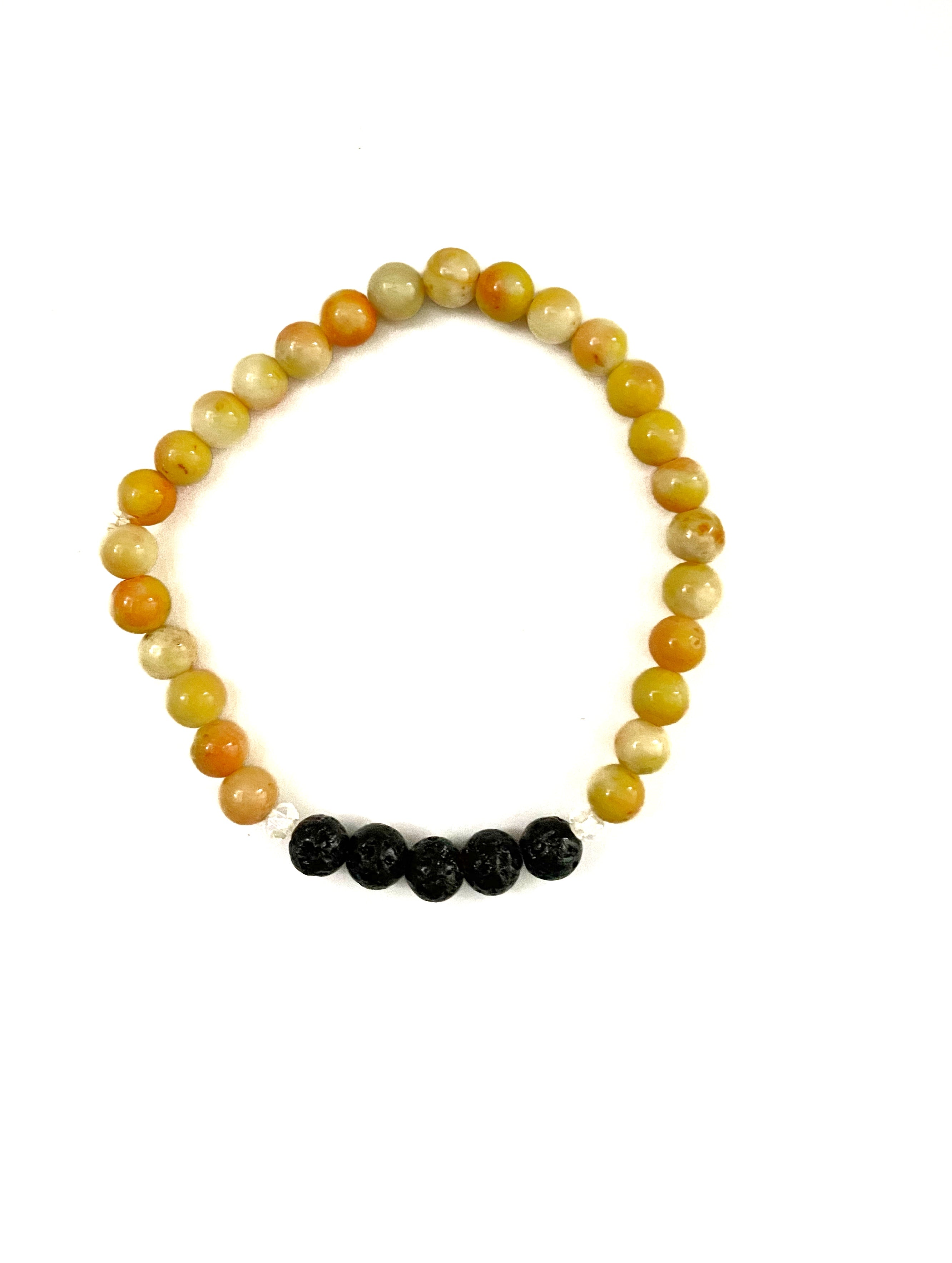 Orange Yellow Glass and Black Lava Stone Bracelet