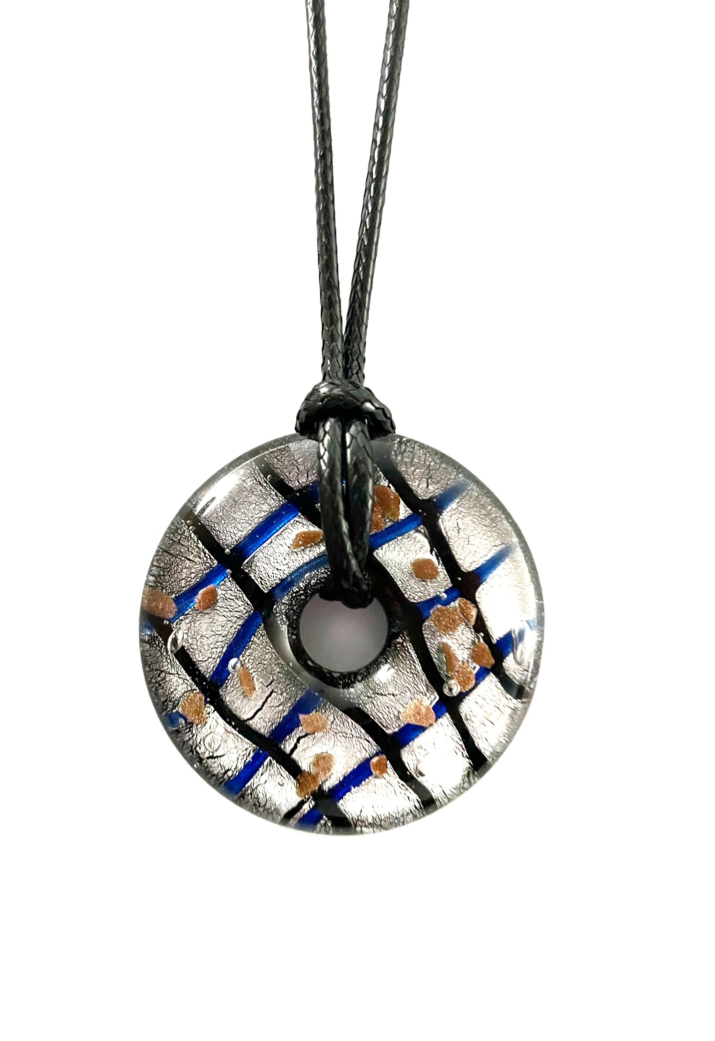 Silver Foil with Blue Strips and Gold Flecks Glass Necklace