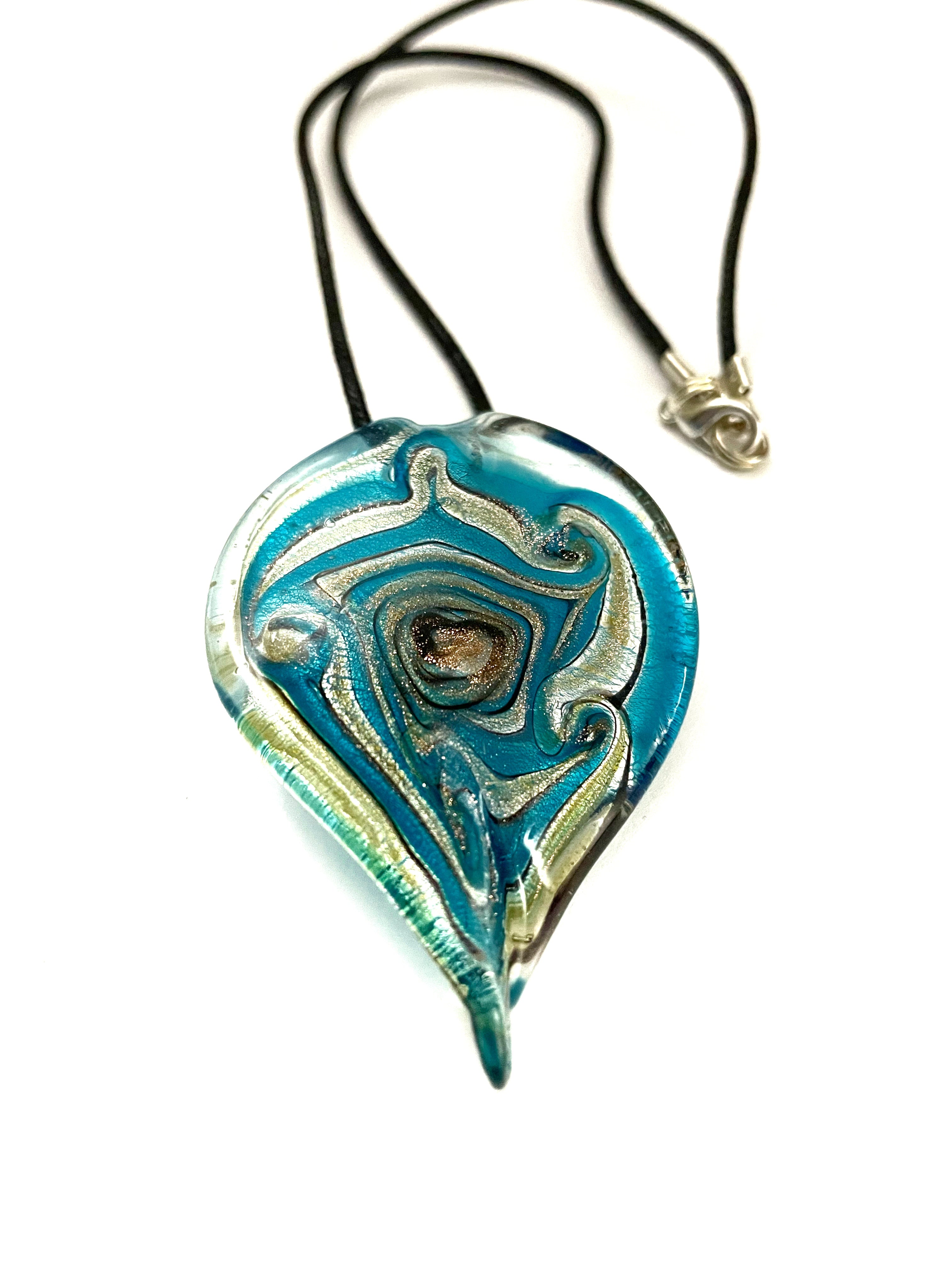 Teal and Silver Swirl Glass Necklace