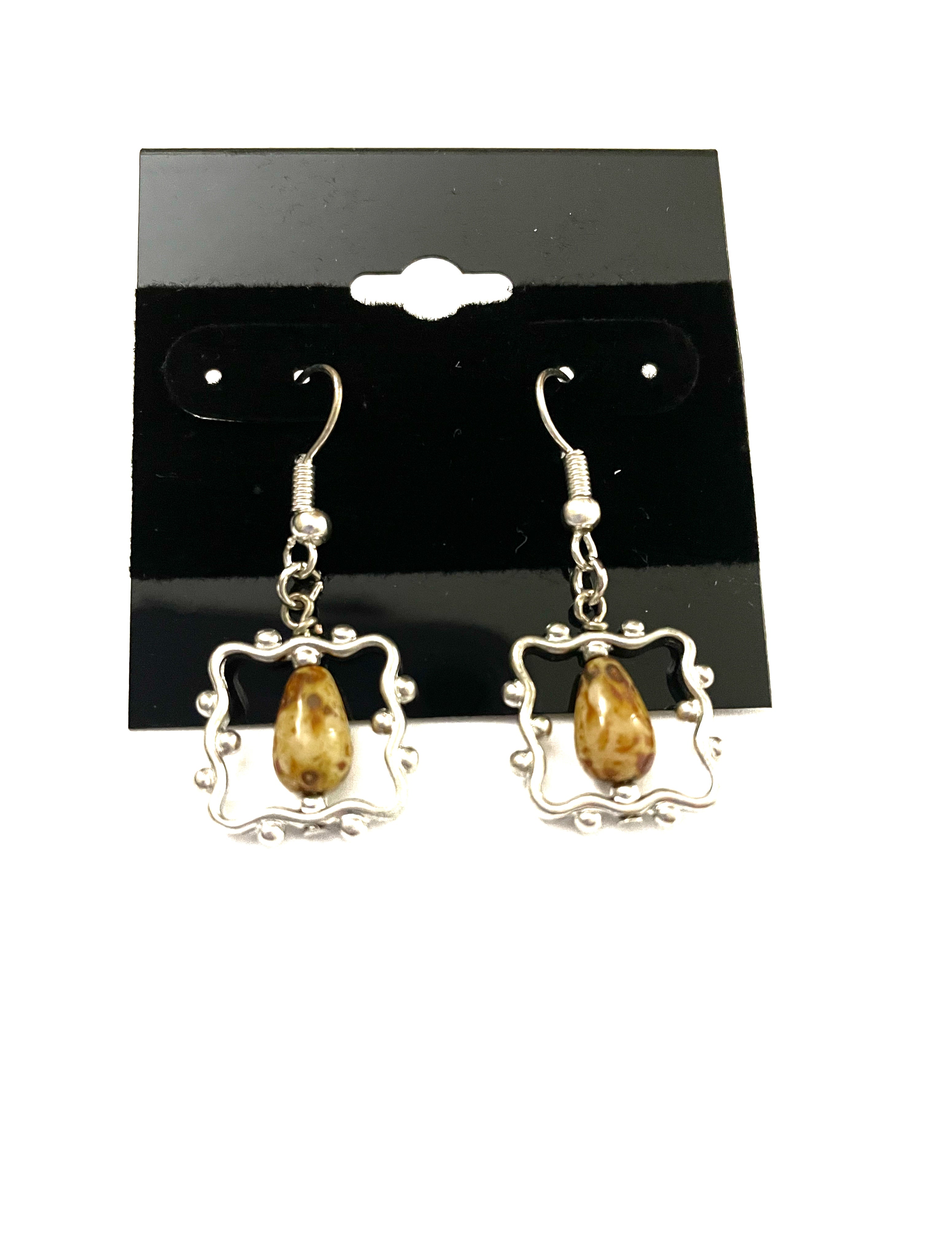 Brown Speckled Bead with Silver Frame Earrings