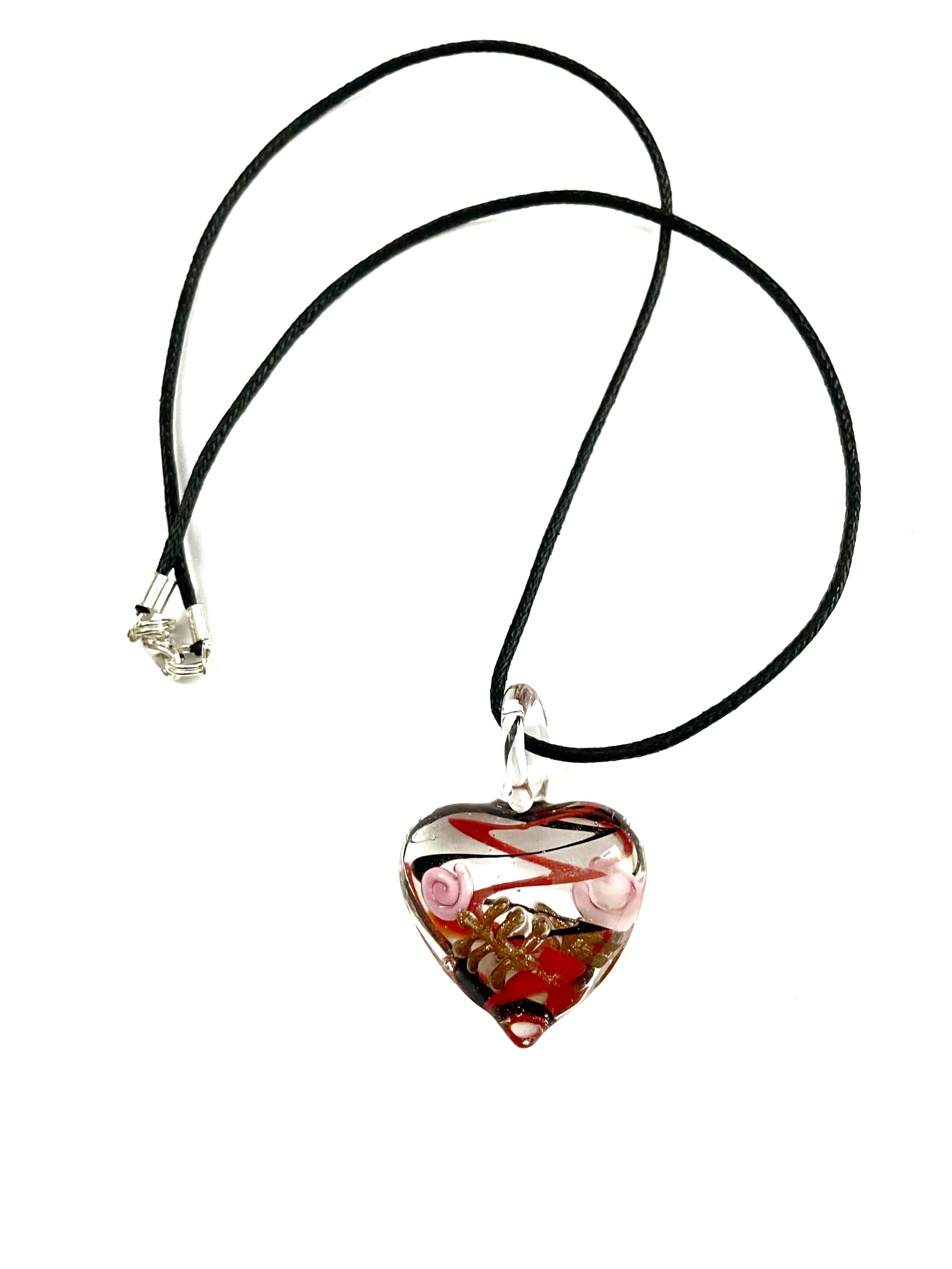 Pink Flower with Red and Black Swirls Glass Necklace
