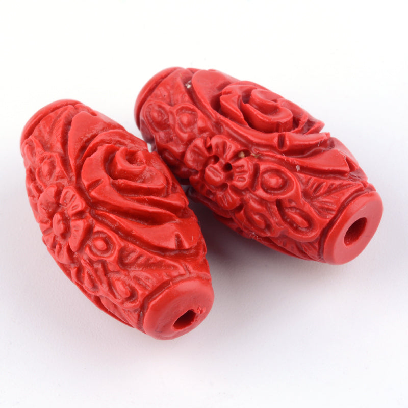 FireBrick Carved Cinnabar Beads - Barrel - 16-17.5x9.5x9.5mm - 2 per bag