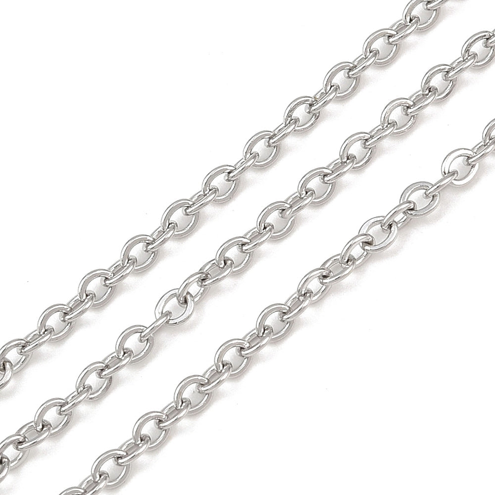 Non-Tarnish Stainless Steel Cable Chain - Soldered - Flat Oval - 3x2x0.5mm - 1 meter per bag