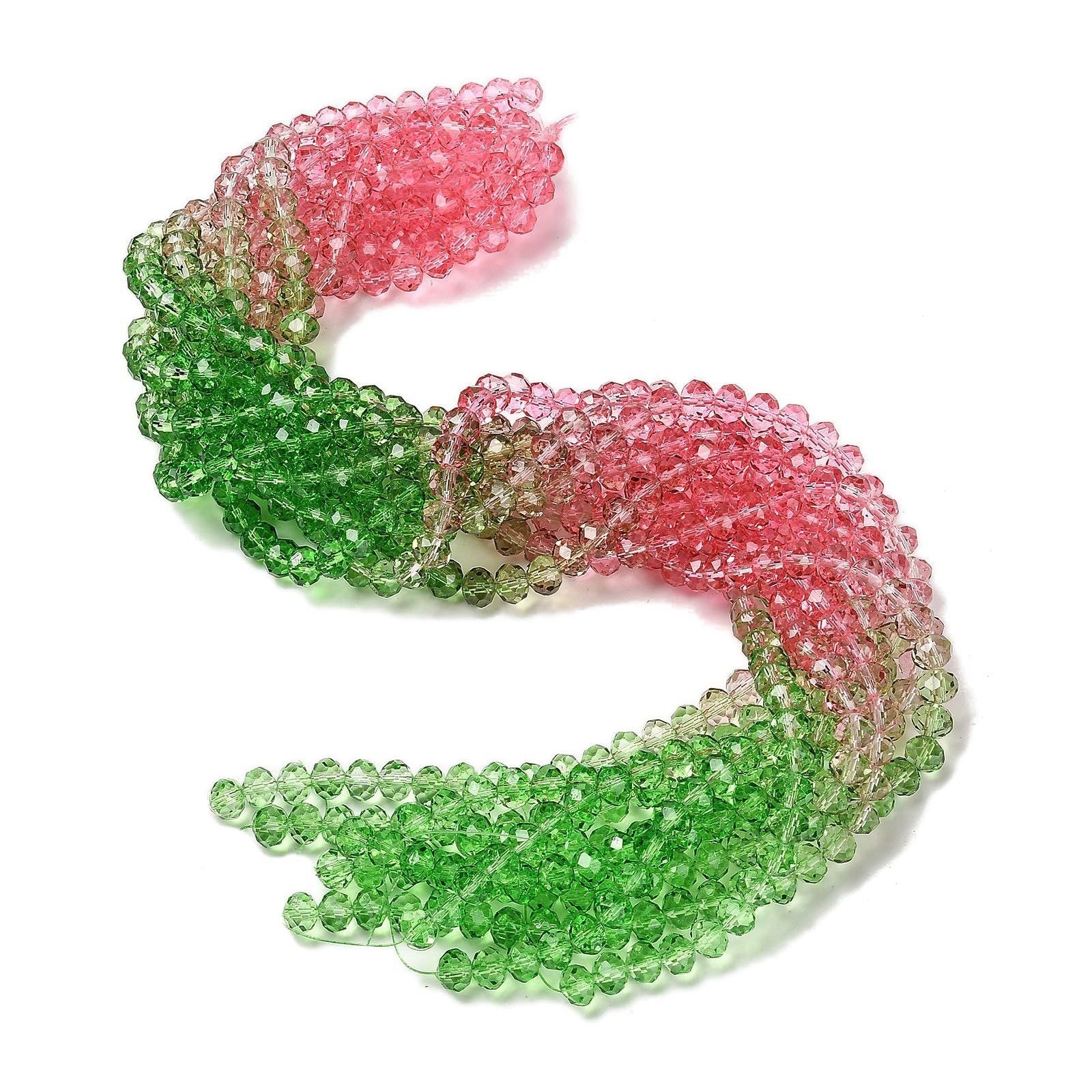 Pink & Green Transparent Glass Beads - Faceted Rondelle - 6x5mm - Appx 80 per strand