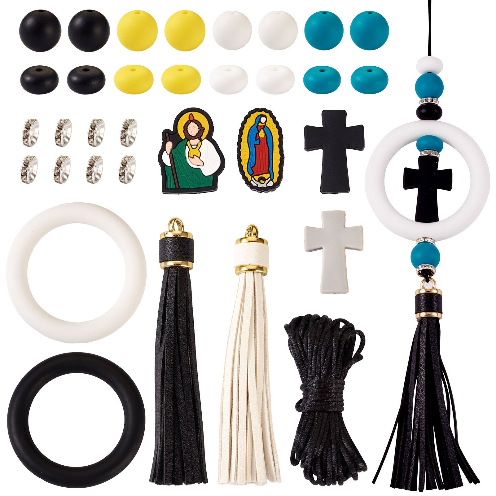 DIY Pendant Decoration Making Kit - Including Cross & Jesus & Rondelle Silicone Beads - PU Leather Tassel Big Pendants - Round Nylon Thread - Mixed Color - 42 per bag
