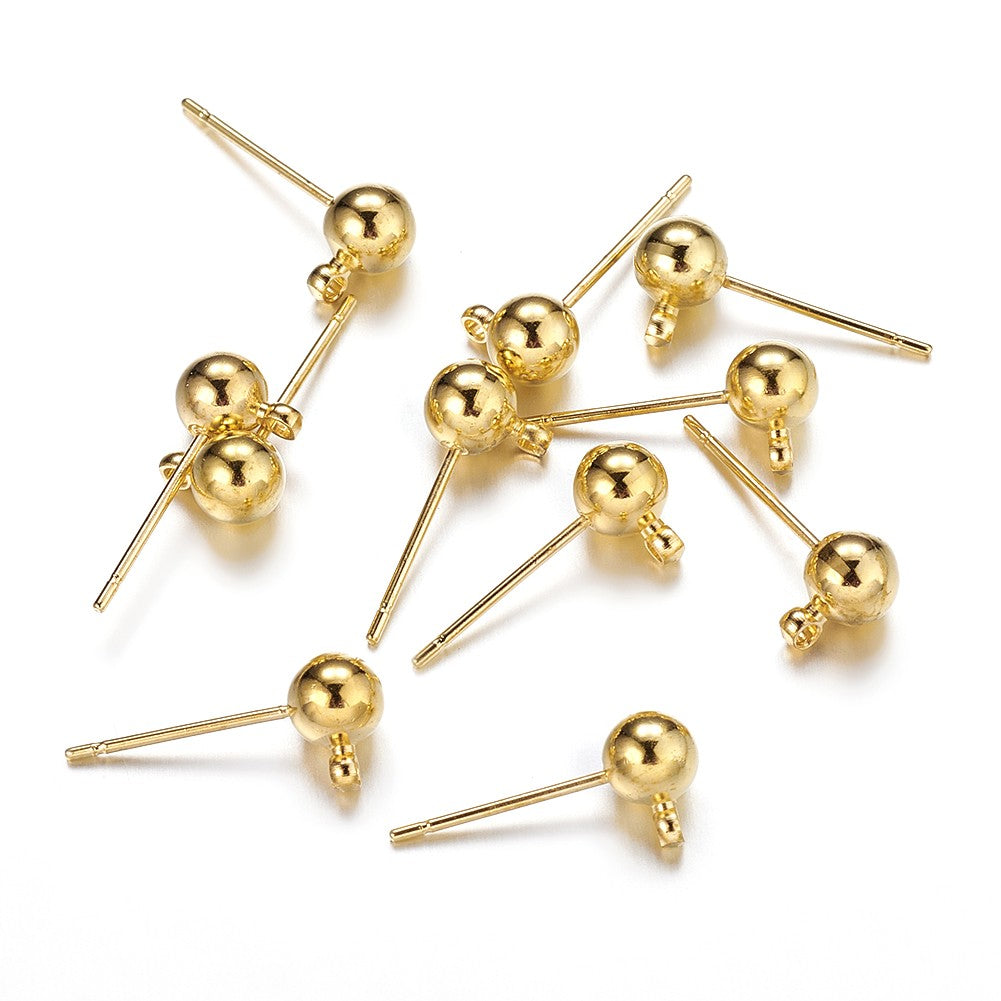 Golden Brass Ball Post Ear Stud with Loop & 304 Stainless Steel Pins - 15.2-15.7x5mm - 12 per bag