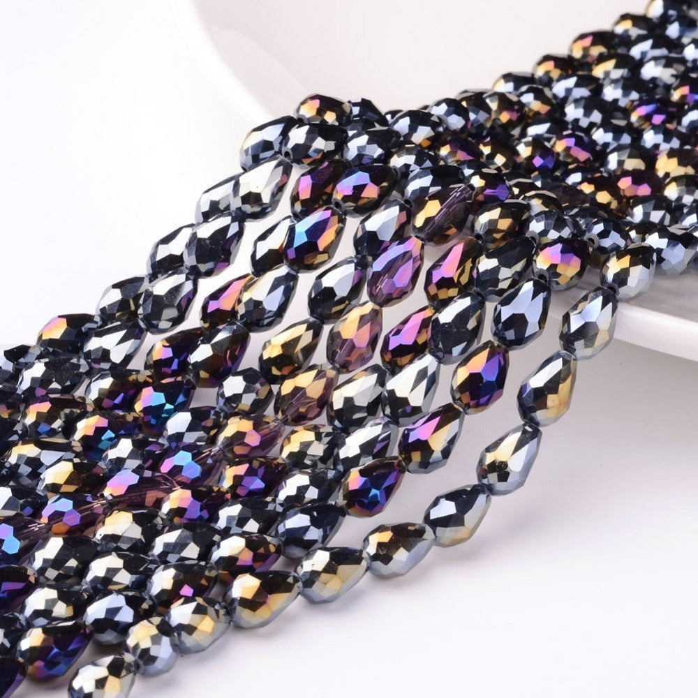 Black AB Electroplate Glass Beads - Faceted Teardrop - 12x8mm - 58 per strand