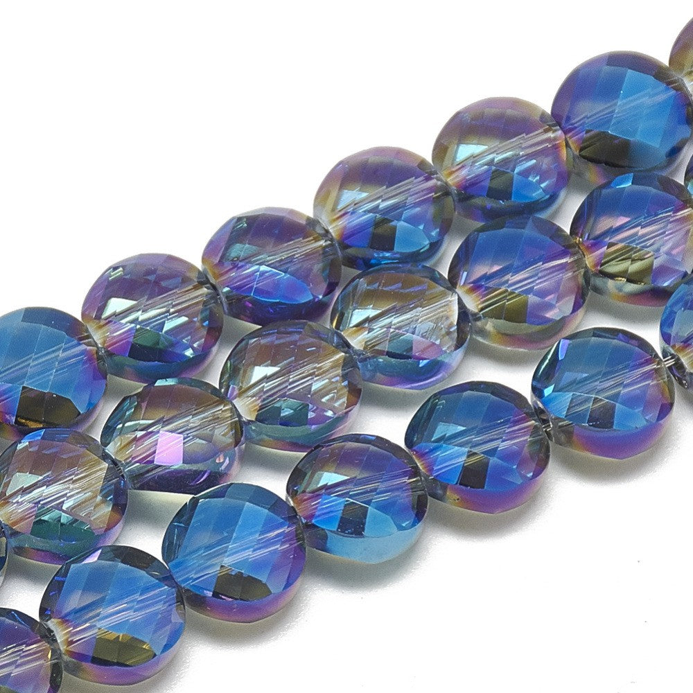 Royal Blue Rainbow Plated Faceted Flat Round Glass Beads