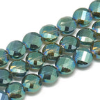 Dark Cyan Rainbow Plated Electroplate Glass Beads - Faceted Flat Round