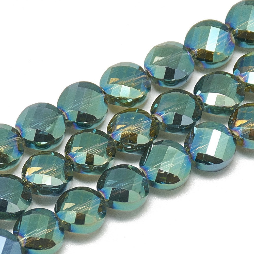 Dark Cyan Rainbow Plated Electroplate Glass Beads - Faceted Flat Round