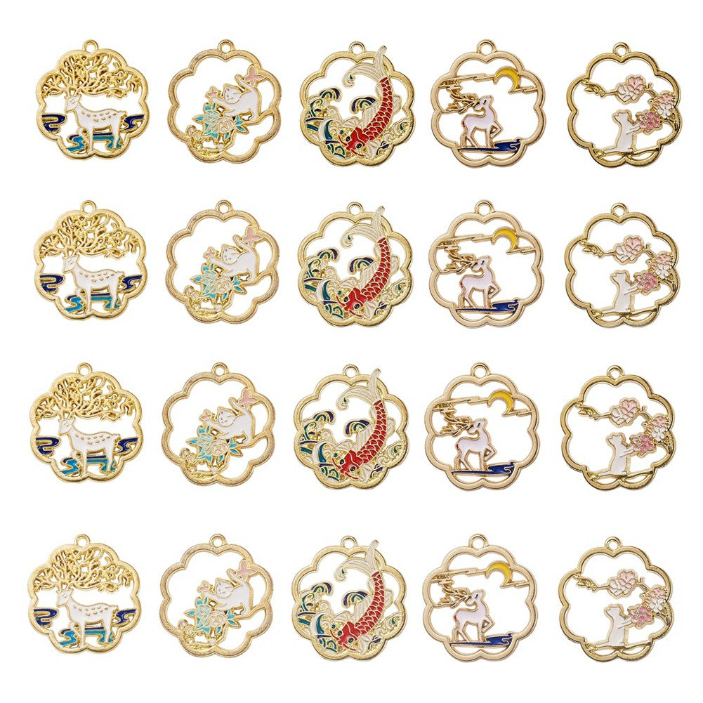 Golden Enamel Flower Pendants with White Cat