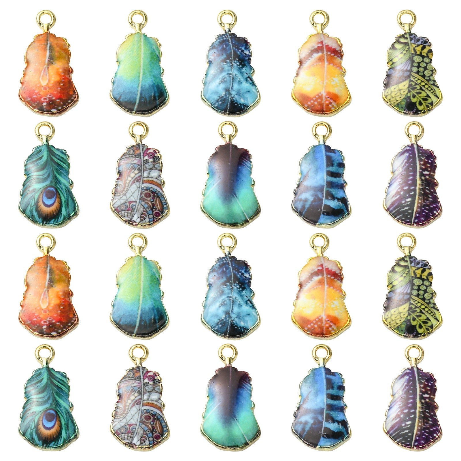 Light Gold Rack Plating Alloy Printed Pendant - Lead, Cadmium & Nickel Free - Feather - 19x10.5x2.5mm - 2 per bag