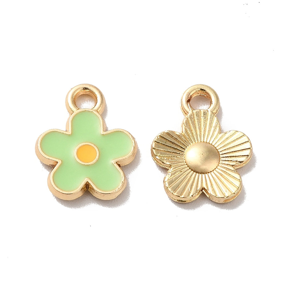 Golden Alloy Light Green Enamel Charms - Flower - 12.5x10x1.5mm - 5 per bag