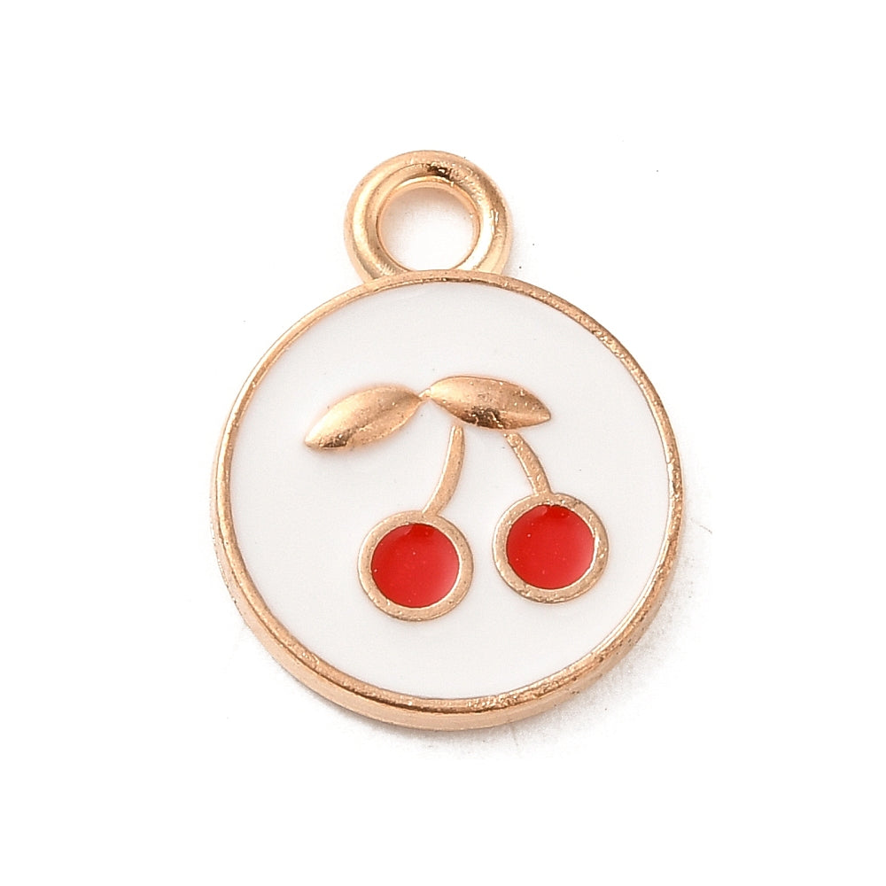 Light Gold Alloy Cherry Enamel Pendants - Flat Round - 17x13x2mm
