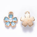 Light Gold Alloy Sky Blue Enamel Charms with ABS Plastic Imitation Pearl - Sakura Flower - 14.5x11.5x4.5mm - 3 per bag