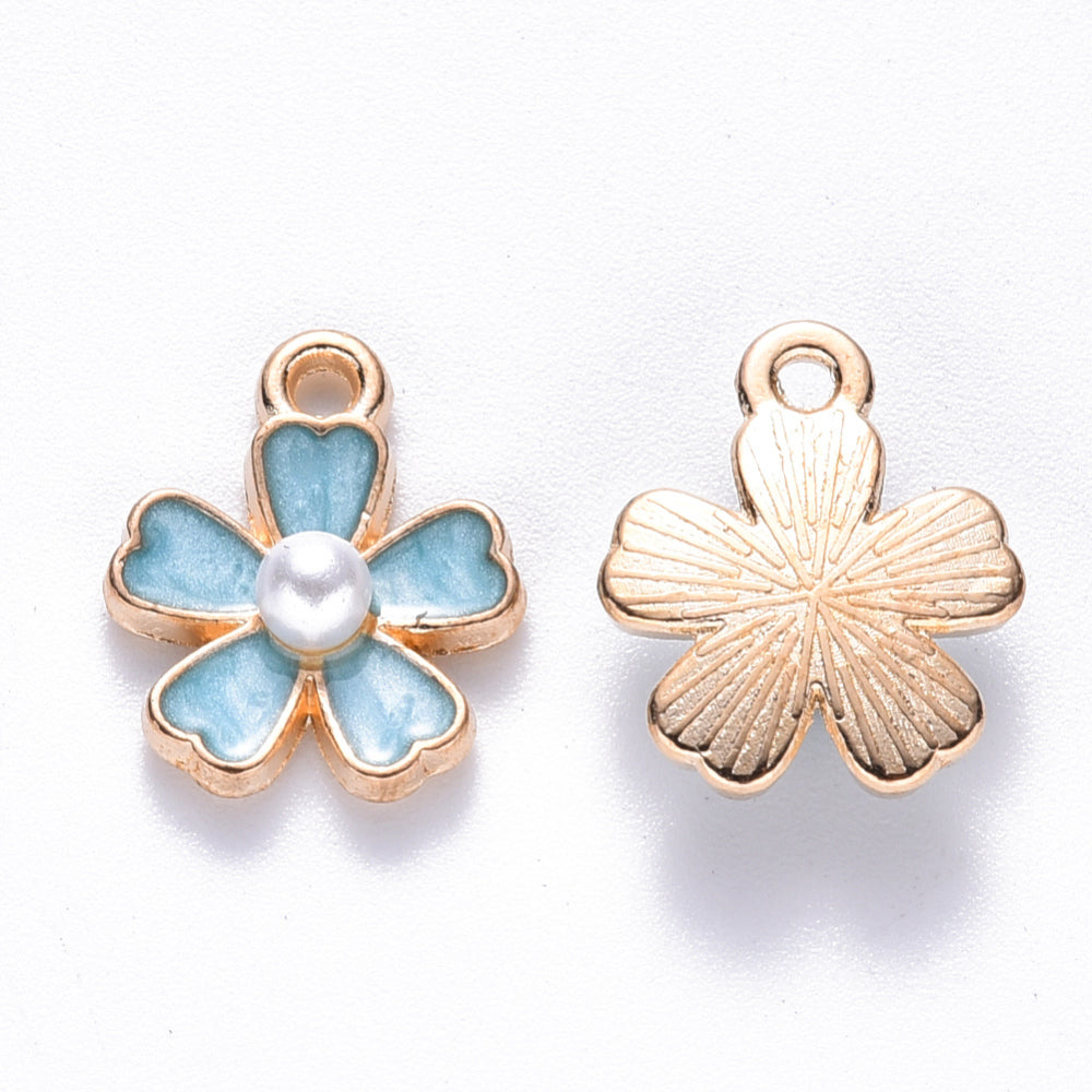 Light Gold Alloy Sky Blue Enamel Charms with ABS Plastic Imitation Pearl - Sakura Flower - 14.5x11.5x4.5mm - 3 per bag