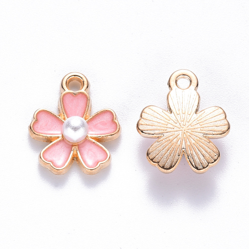Light Gold Alloy Light Coral Enamel with ABS Plastic Imitation Pear Charm - Sakura Flower - 14.5x11.5x4.5mm