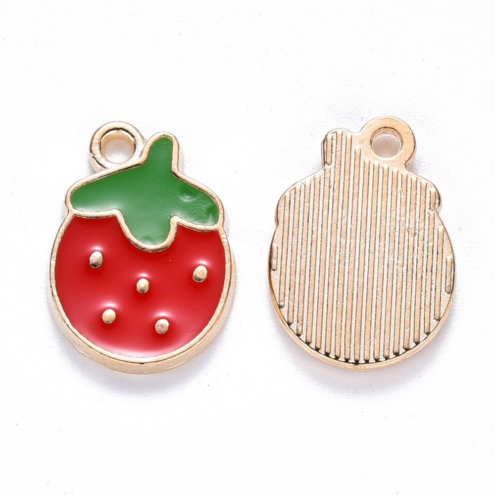 Light Gold Alloy  Red Enamel Pendants - Strawberry - 16.5x11.5x2mm - 3 per bag