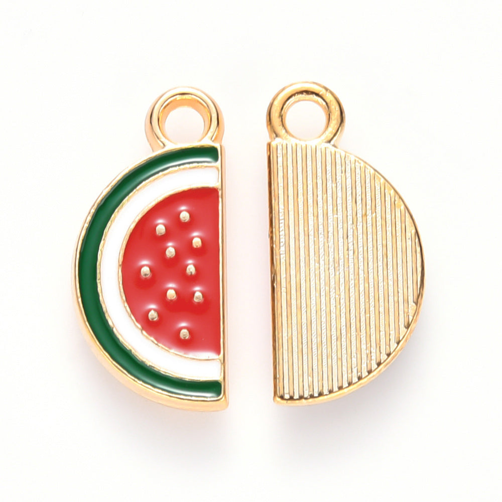 Light Gold Alloy Red Enamel Pendants - Watermelon Slice - 17x8x2mm - 5 per bag