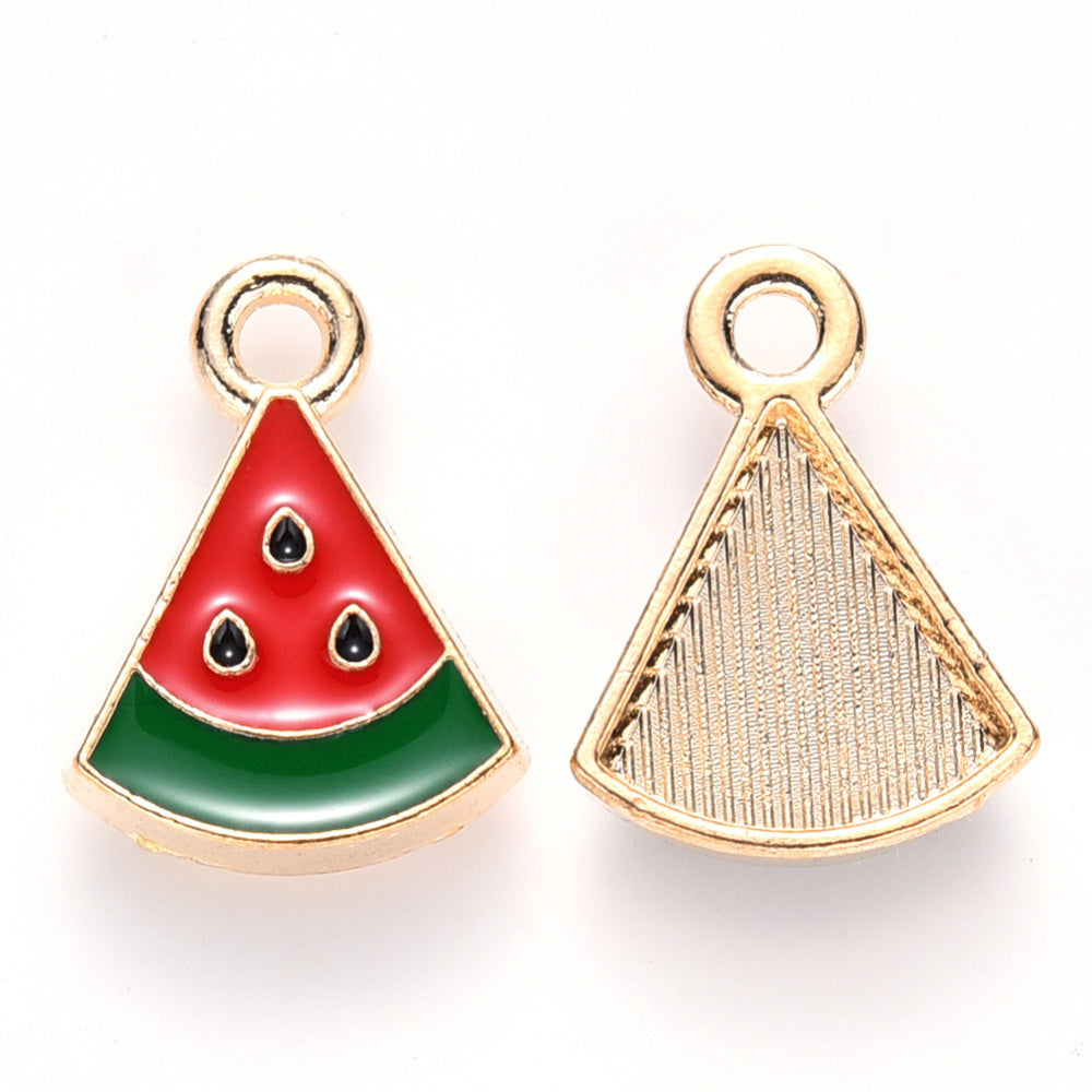 Light Gold Alloy Red Enamel Pendants - Watermelon Slice - 16x12x3mm