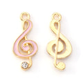 Light Gold Alloy Pink Enamel Pendants with Crystal Rhinestone - Musical Note -  22x10x2mm - 5 per bag