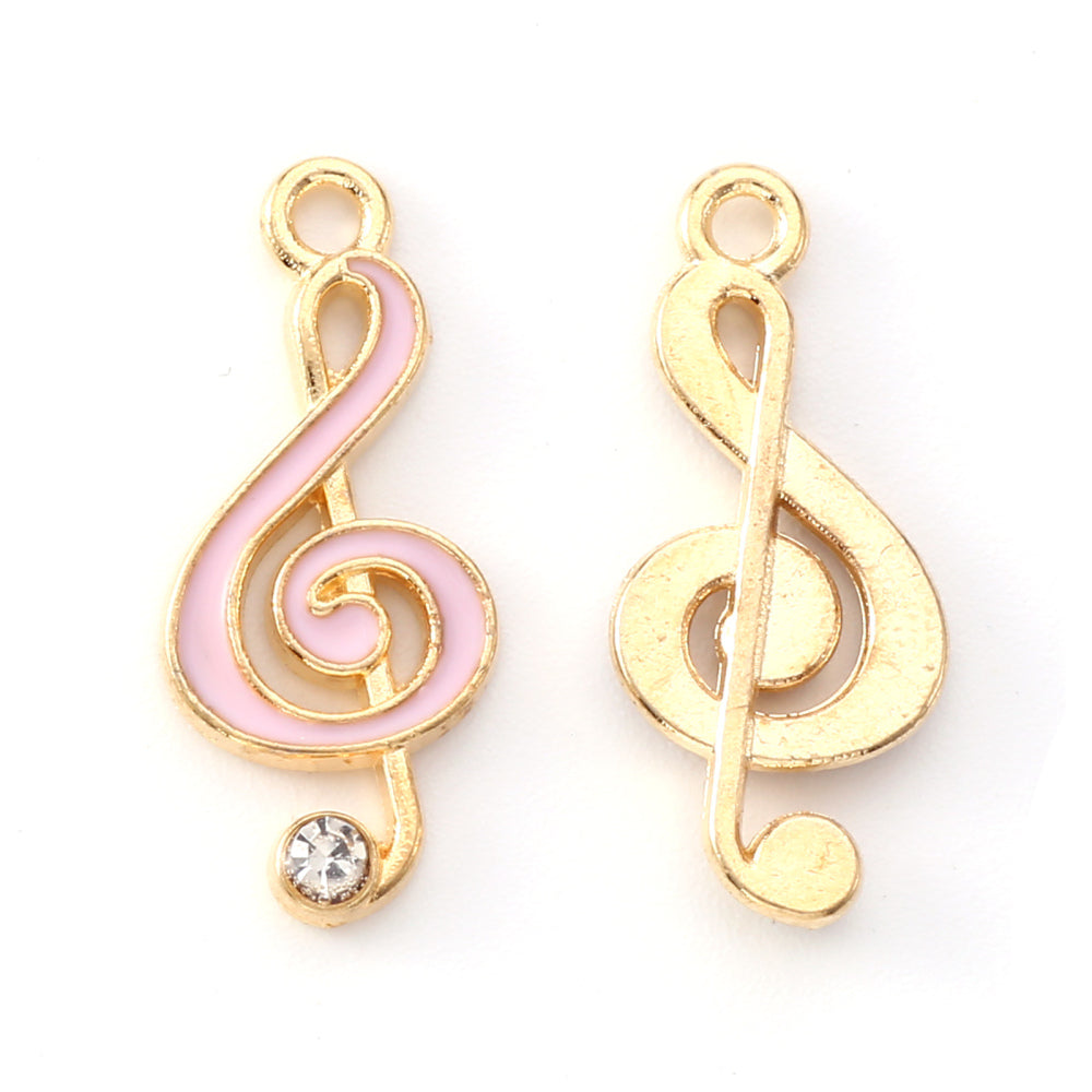 Light Gold Alloy Pink Enamel Pendants with Crystal Rhinestone - Musical Note -  22x10x2mm - 5 per bag