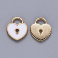 Light Gold Alloy Whuite Enamel Charms - Heart Lock - 13x11x1.5mm - 3 per bag