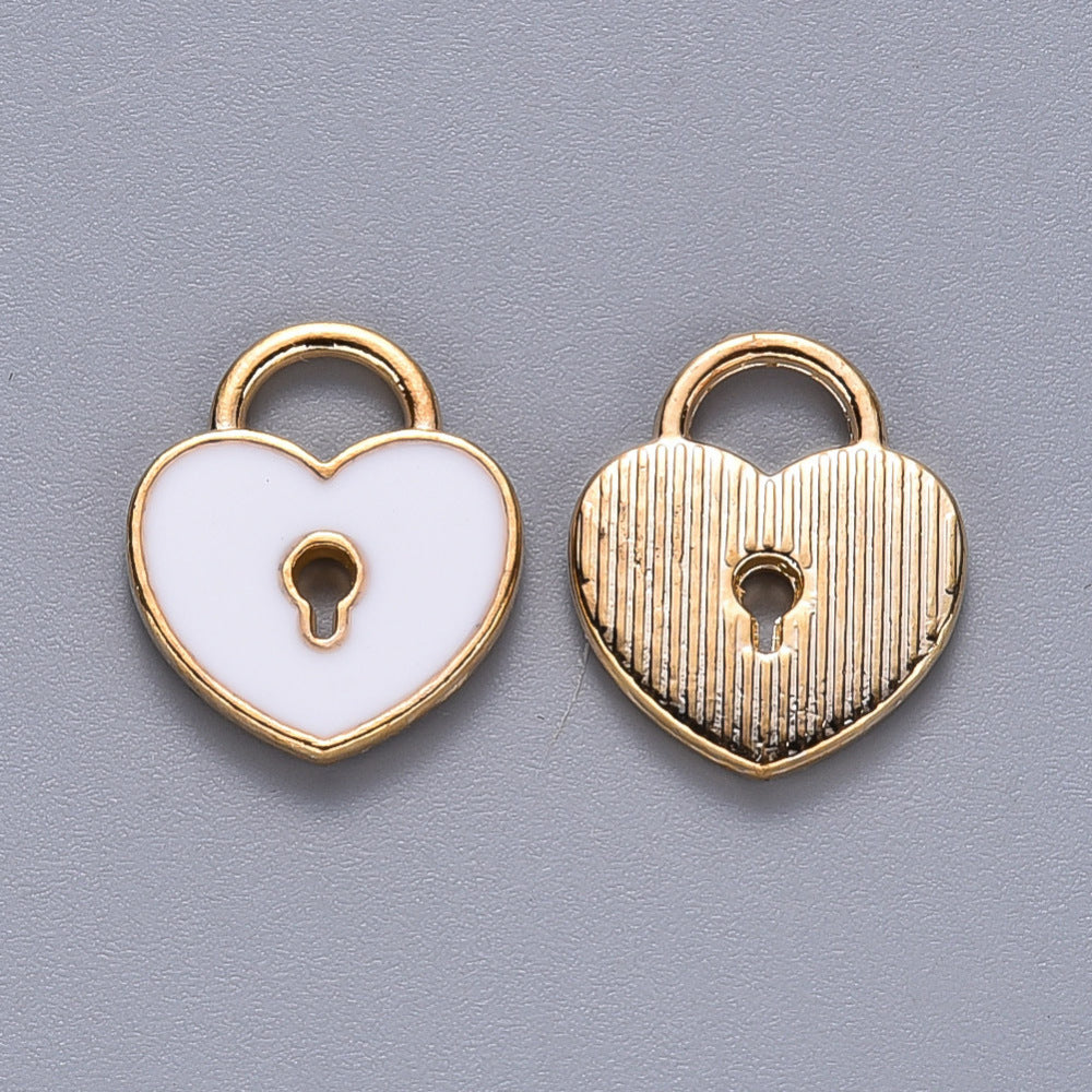 Light Gold Alloy Whuite Enamel Charms - Heart Lock - 13x11x1.5mm - 3 per bag