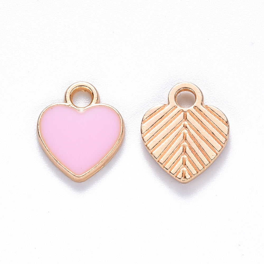 Light Gold Alloy Pink Enamel Charm - Heart - 12x10x2mm