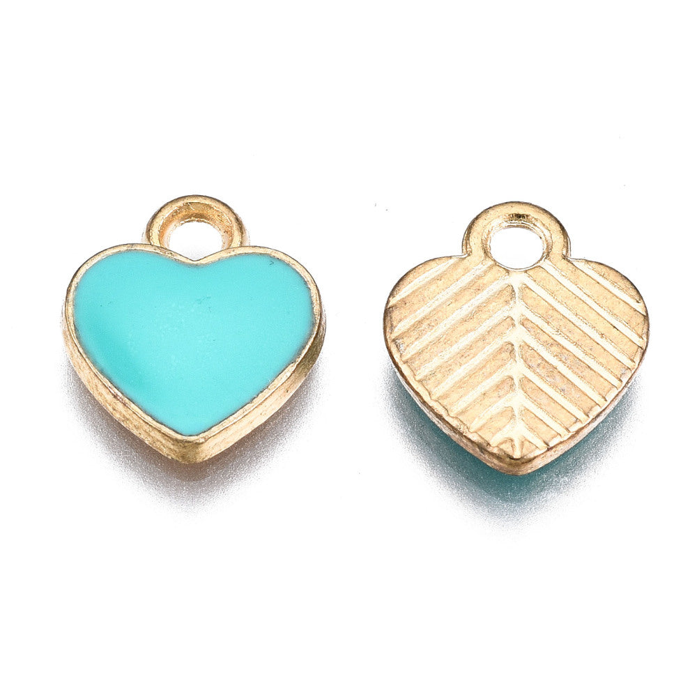 Light Gold Alloy Dark Turquoise Enamel Charms - Heart - 12x10x2mm - 3 per bag