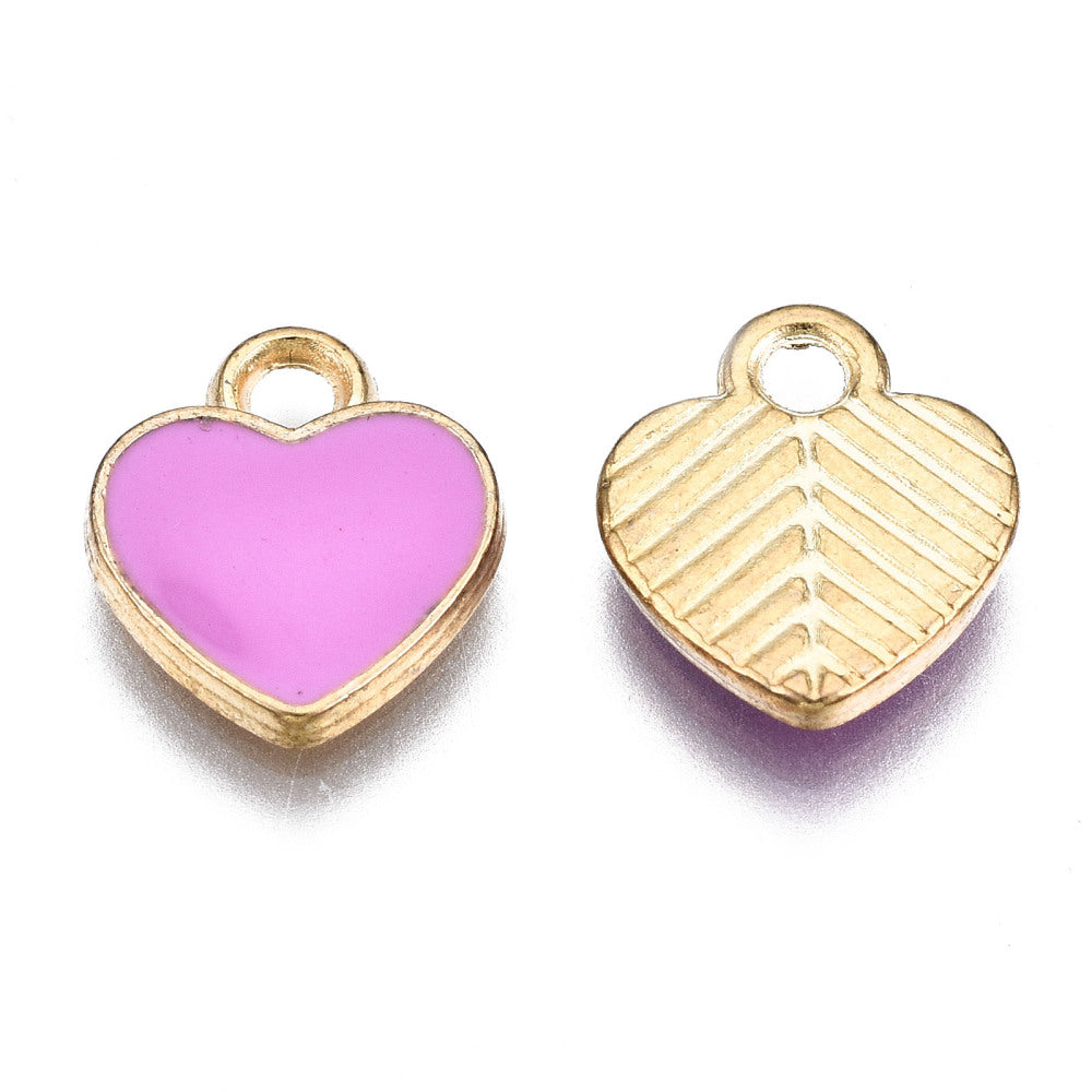 Light Gold Alloy Violet Enamel Charms - Heart - 12x10x2mm