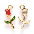 Light Gold Alloy Red Enamel Pendants - Rose Shape - 19x9x2.5mm