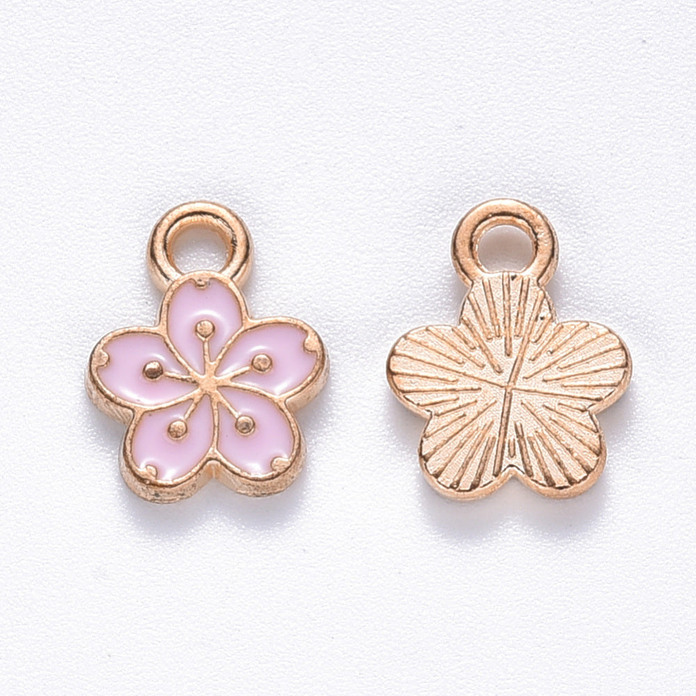 Light Gold Alloy Pink Enamel Charms - Flower - 12x9x2mm - 5 per bag