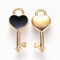 Light Gold Alloy Black Enamel Pendants - Heart Key - 16x7x2.5mm