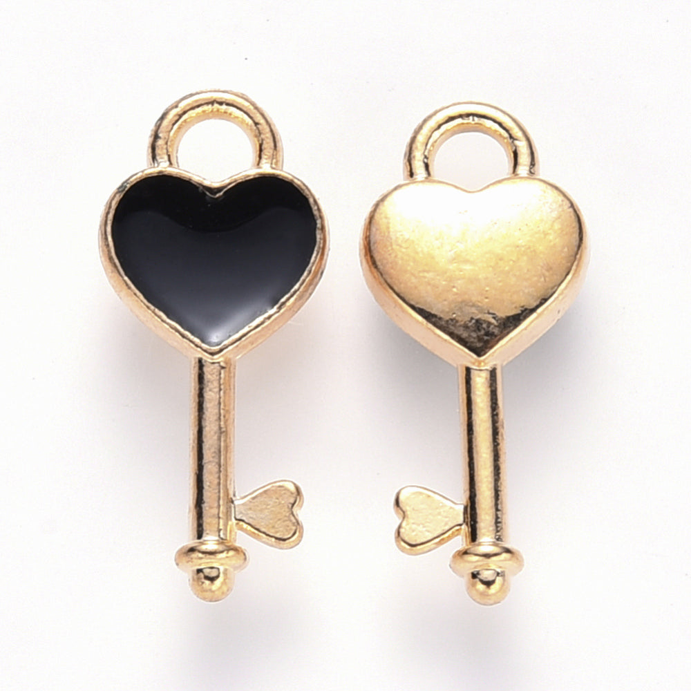 Light Gold Alloy Black Enamel Pendants - Heart Key - 16x7x2.5mm