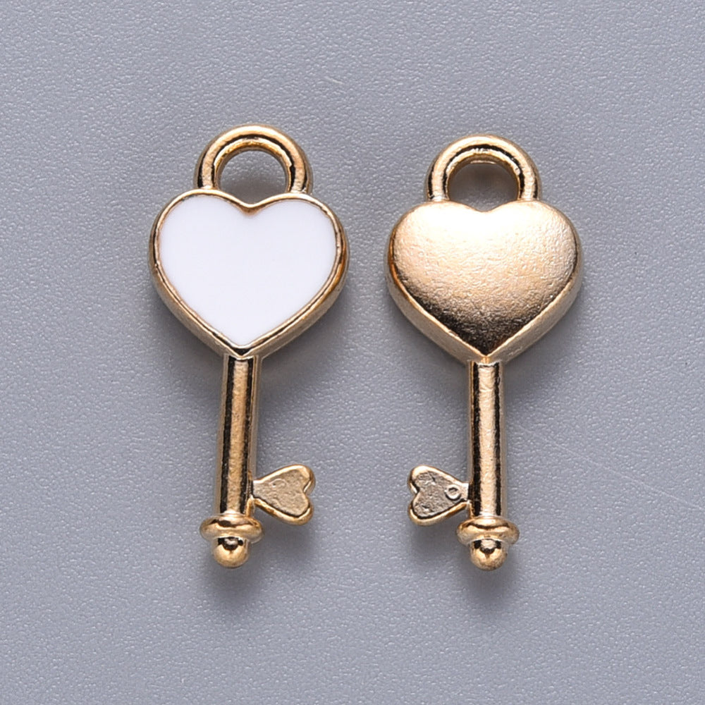 Light Gold Alloy White Enamel Pendant - Heart Key -  16x7x2.5mm