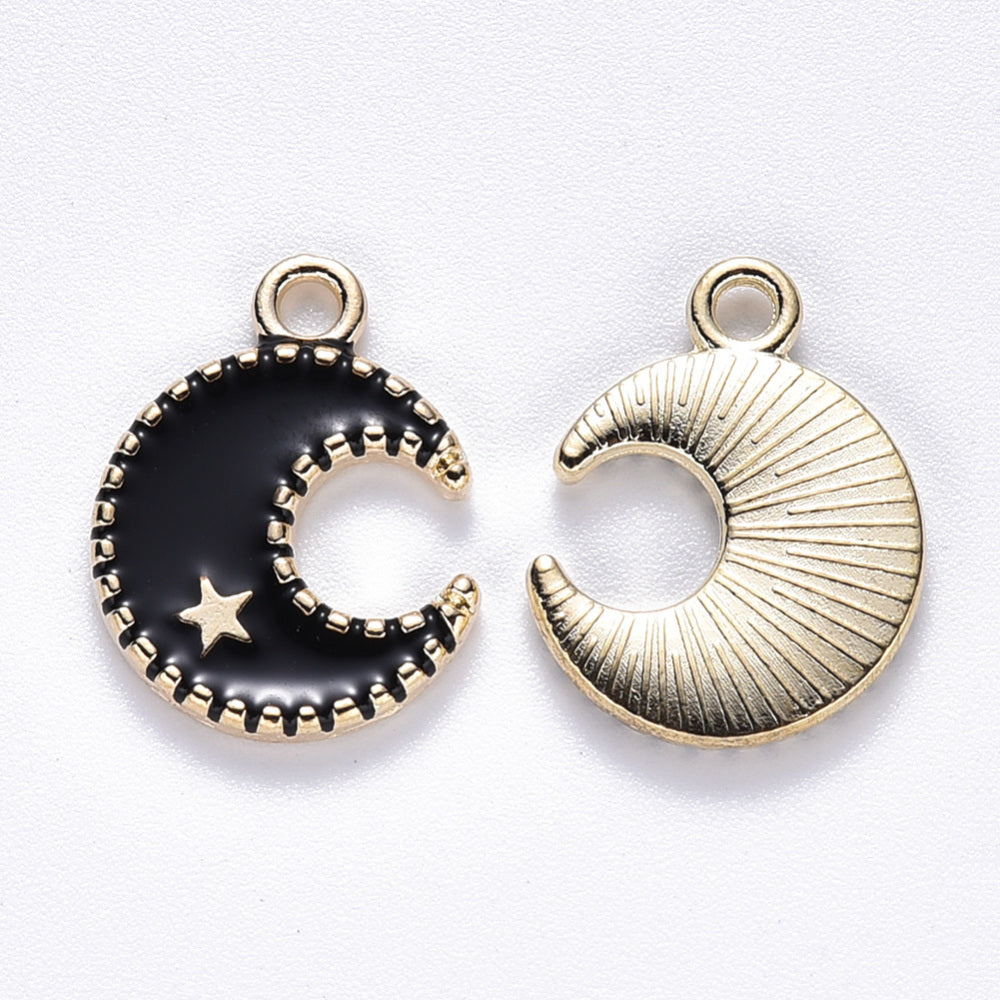 Light Gold Alloy Black Enamel Pendants - Moon & Star - 16x13x2mm