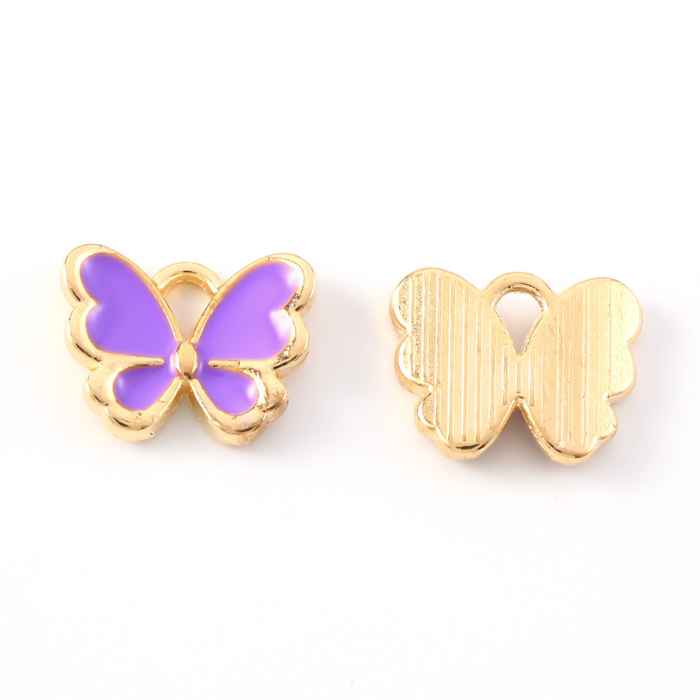 Light Gold Alloy Medium Purple Enamel Charms - Butterfly - 10.5x13x3mm