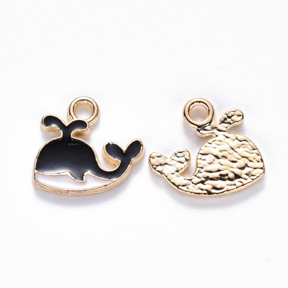 Light Gold Alloy Black  Enamel Charms - Whale Shape - 12.5x12.5x2mm