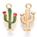 Light Gold Alloy Green Enamel Pendants - Cactus - 19x10x2.5mm - 4 per bag