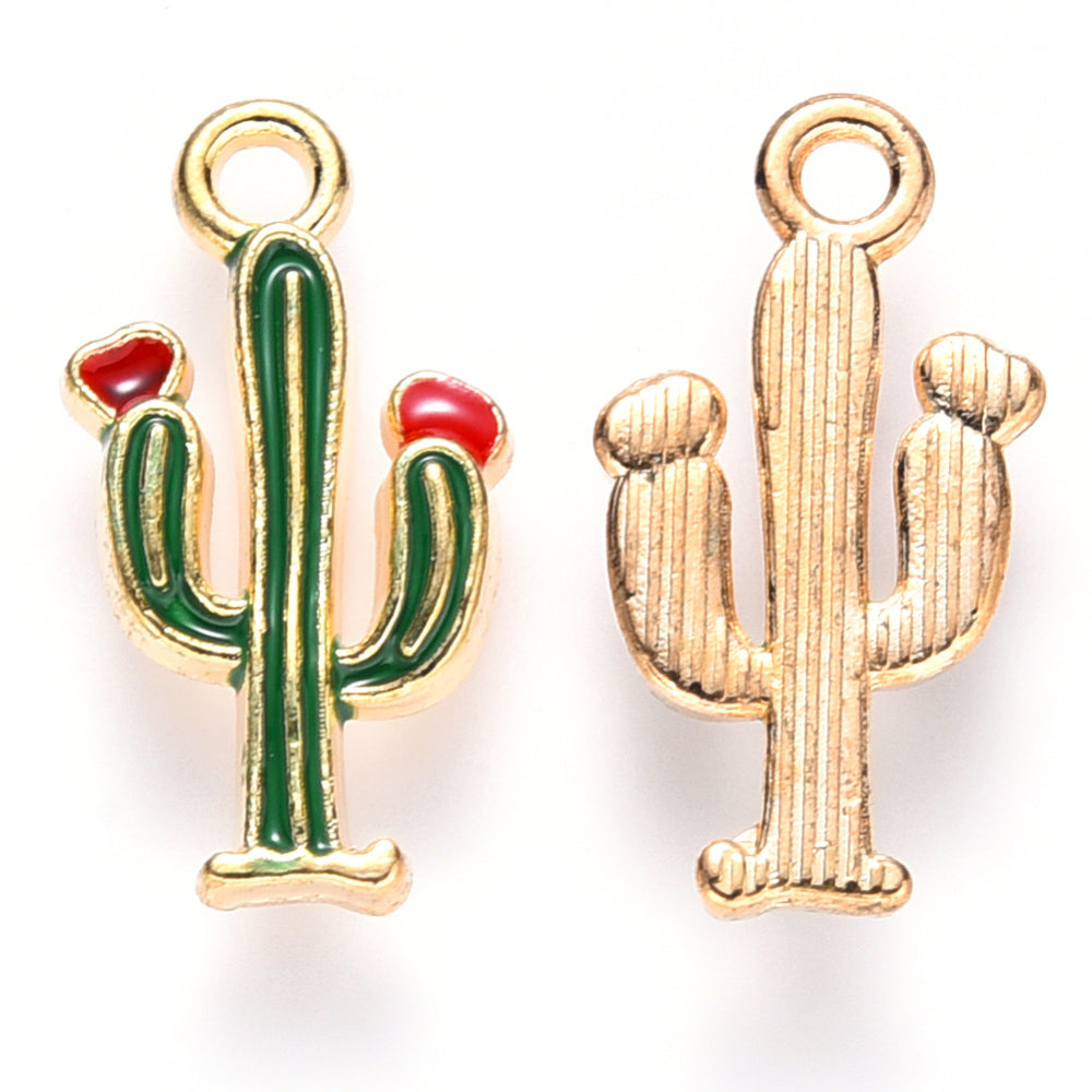 Light Gold Alloy Green Enamel Pendants - Cactus - 19x10x2.5mm - 4 per bag