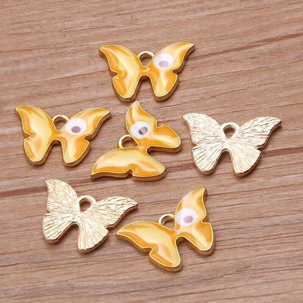 Light Gold Alloy Orange Enamel Pendants - Butterfly with Evil Eye Charm - 15.5x22x1.5mm - 5 per bag