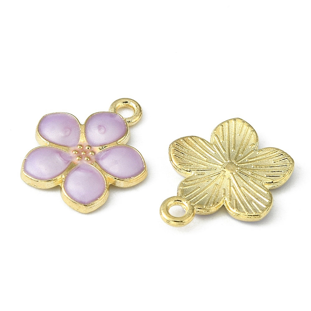 Light Gold Plated Alloy Dark Orchid Enamel Pendants - Flower - Cadmium & Lead Free - 17x14.5x1.5mm