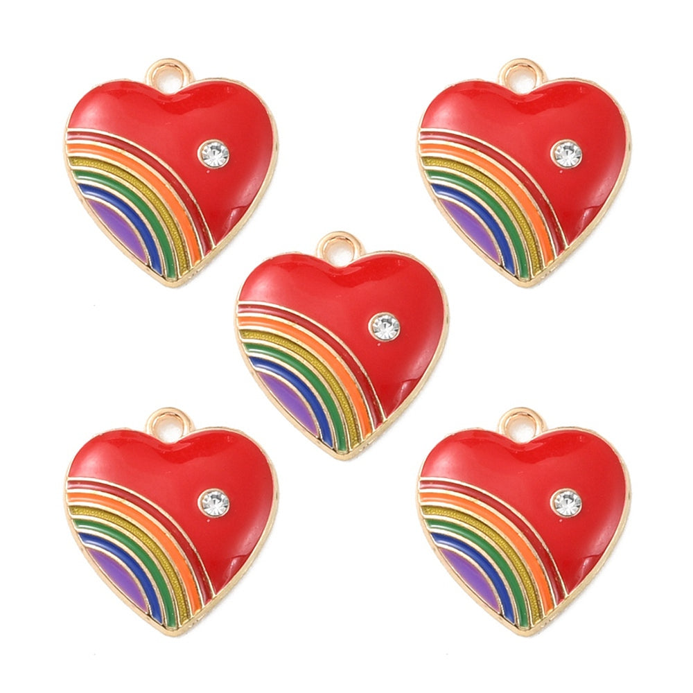 Alloy FireBrick Enamel with Rhinestone Pendant - Heart with Rainbow Charm - 20x18x3.5mm