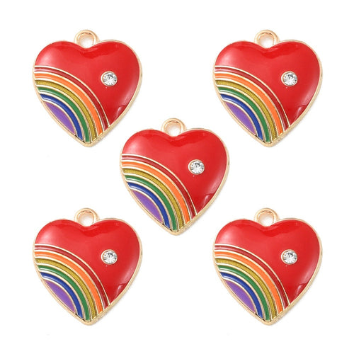 Alloy FireBrick Enamel with Rhinestone Pendant - Heart with Rainbow Charm - 20x18x3.5mm
