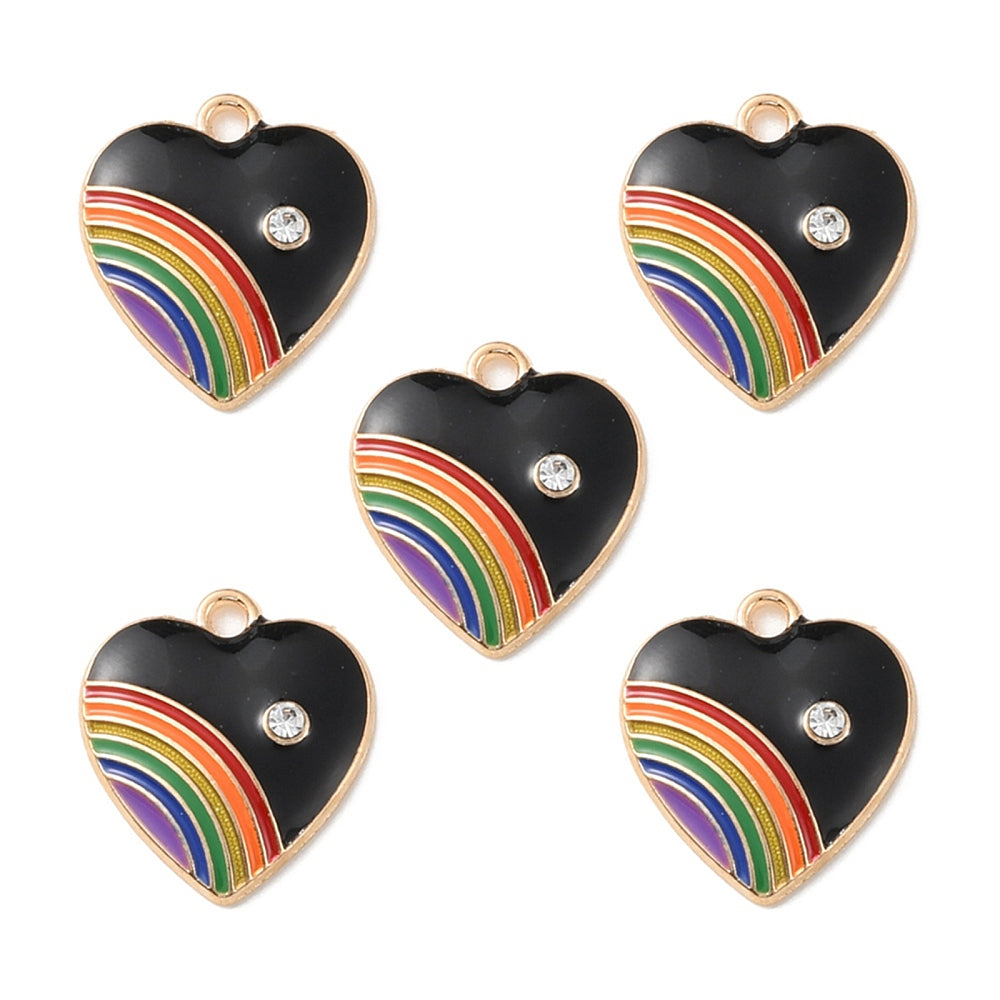 Alloy Black Enamel with Rhinestone Pendant - Heart with Rainbow - 20x18x3.5mm